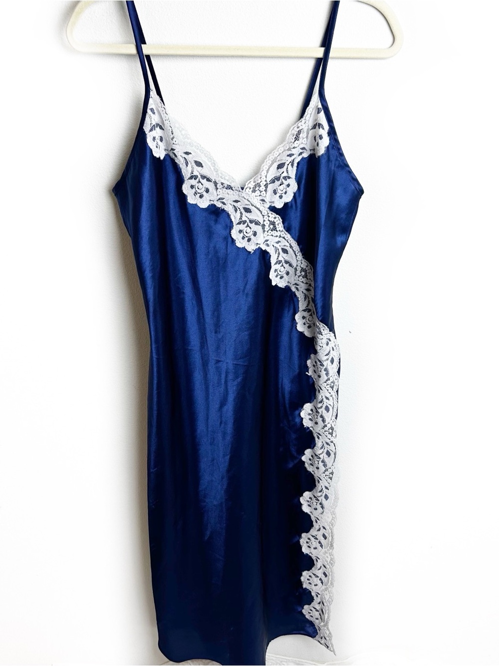 Vintage 90s Inner Most Navy Satin Lace Trim Slip Dress Maxi Nightgown Coquette